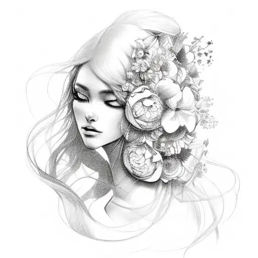 A Sketch-style Design Featuring A Beautiful Woman With Flowing Hair Made Of Blooming Flowers