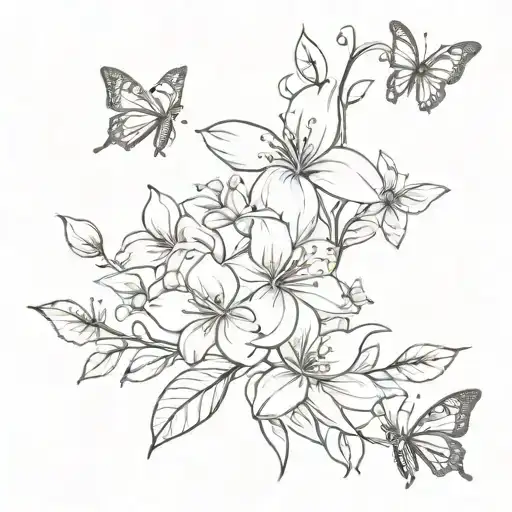 Jasmine Flower Vine With Leaves And Butterflies Flying