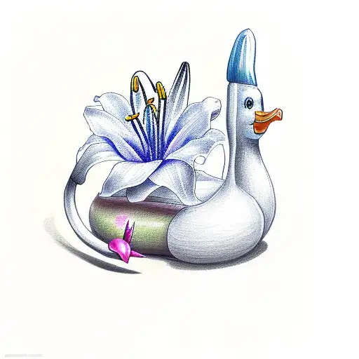 Rubber Duck With A Single Long Stemmed Lily Underneath It That Has A Pink And Blue Ribbon Around It