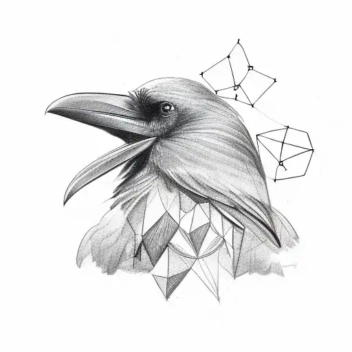 A Sketch-style Raven With Abstract Geometric Shapes Incorporated Into Its Feathers