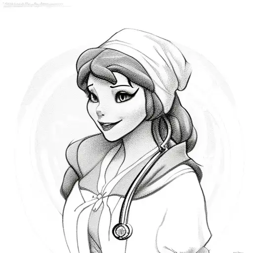 A Sketch-style Portrait Of Snow White With A Stethoscope Around Her Neck