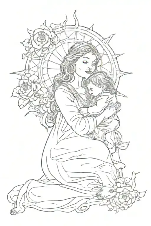 Sun Tarot Card With Anastasia Kid With Mom Hug And With Spirit Of Bear