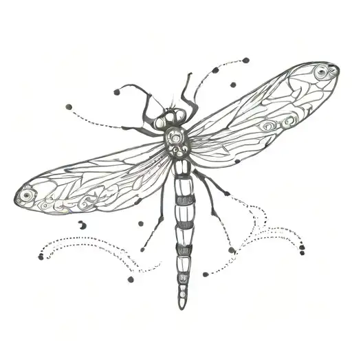 Symmetrical Cute Dragonfly In A Minimalist Linework Style With Mimi Stars Line And Dots Around It