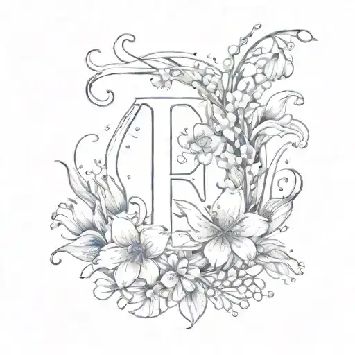 Letter E With A Cosmos Flower And Lily Of The Valley Flower