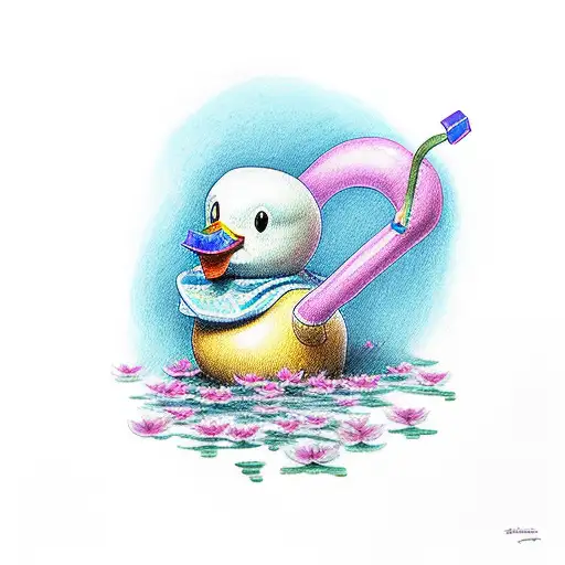 Rubber Duck Holding One Long Stemmed Lily With A Pink And Blue Awareness Ribbon