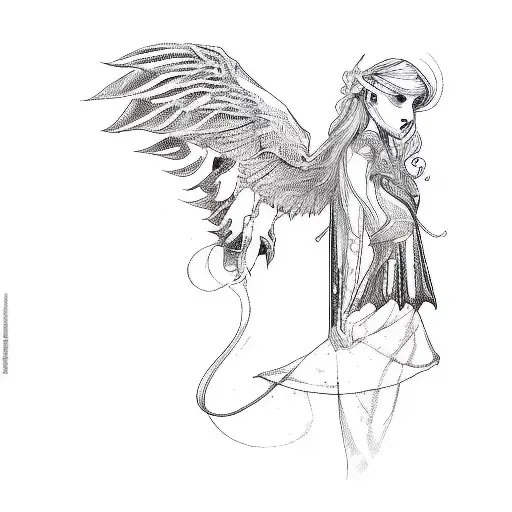 A Girl With Wings Gothic Theme And Mixed Gothic And Satanic Loe Lines Above Her