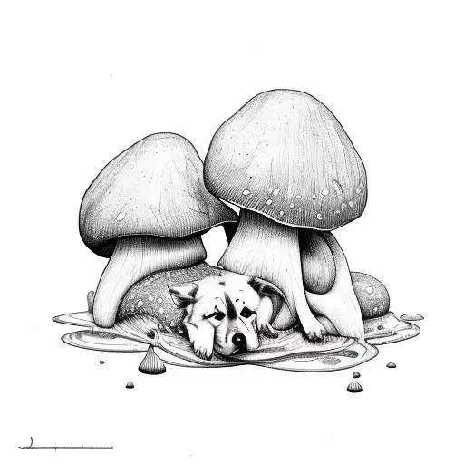 Psychedelic Mushrooms With A Dog Sleeping Under Them