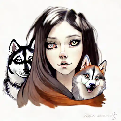 A Girl With A Cat And A Husky