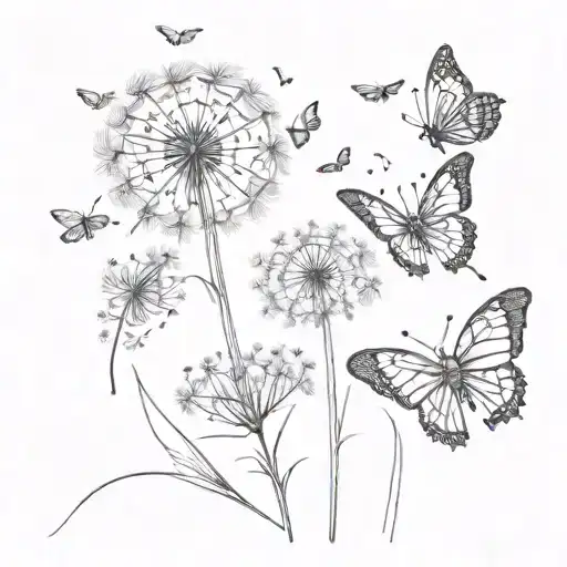 Dandelion Flower With Two Butterflies Flying Away From It