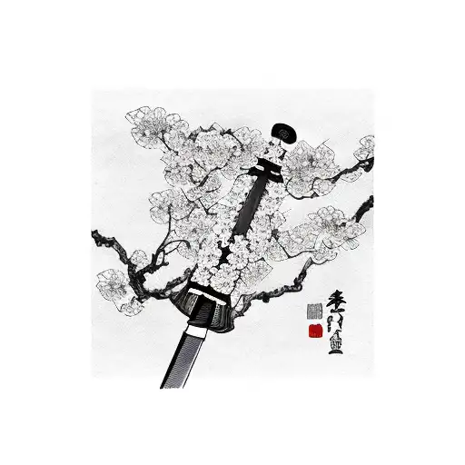 Japanese Samurai Sword With Cherry Blossoms Wrapping Around It