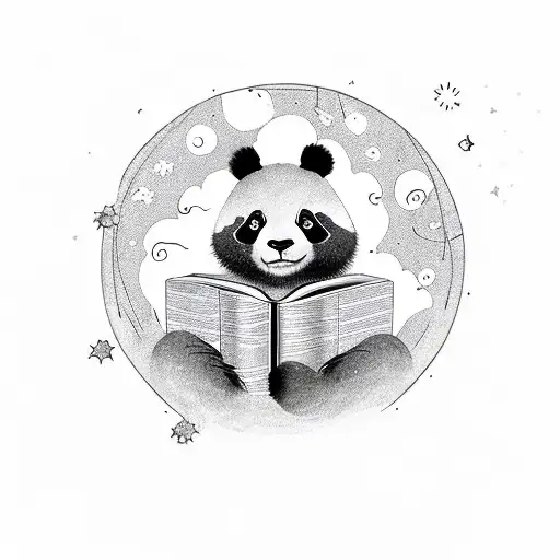 A Panda Bear Reading An English Book Under A Starry Night Sky