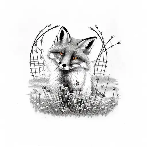 Fox With Forget-me-nots In Barbed Wire