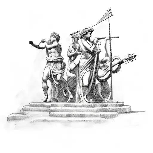 A Sketch-style Tattoo Of A Music Festival Stage With Roman And Greek Statues As The Performers