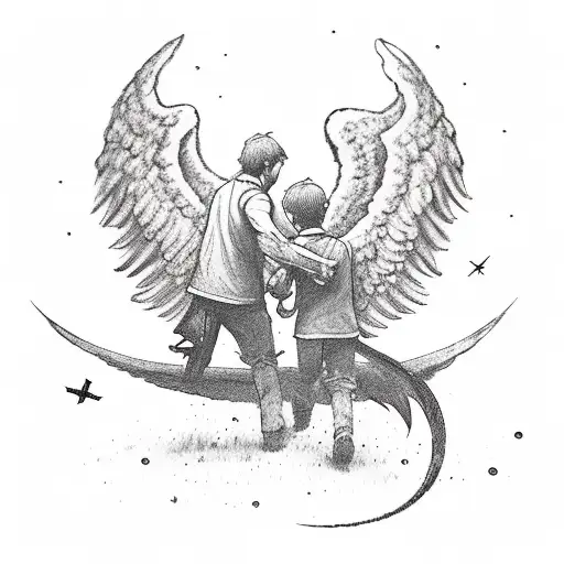 Father And Son Walking Away Hunting With A Compass In Hand Being Watched Over By An Angel