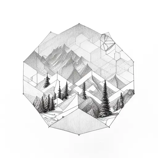 A Hexagon Intertwined With Elements Of Nature Like Trees And Mountains