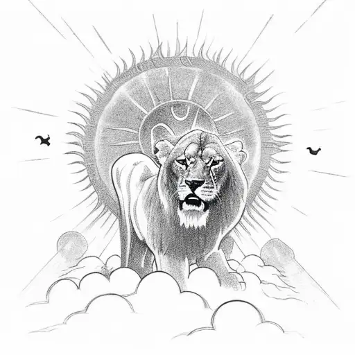 Jesus Walking Out Of Clouds With Sun Rays Behind Him While He Is Walking A Lion With A Logging Chain