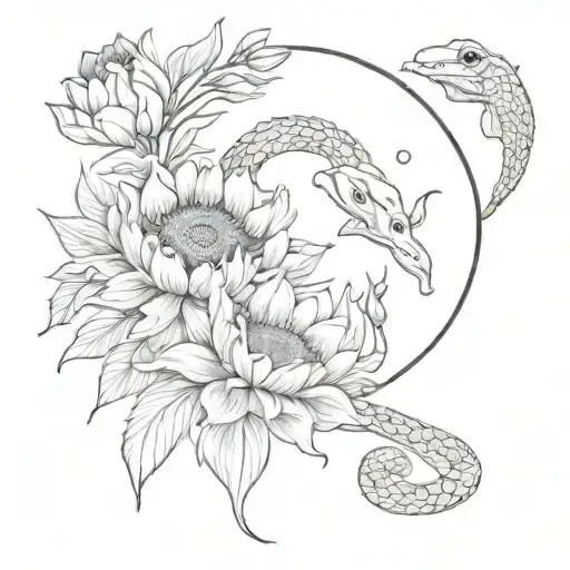 A Moon Surrounded With Sunflowers Peony Tulips Sunflowers Lilly And A Snake