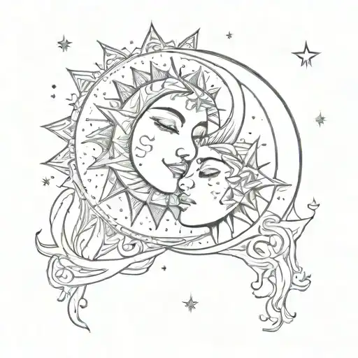 Sun And Moon Kissing Each Other With Stars On The Cheek