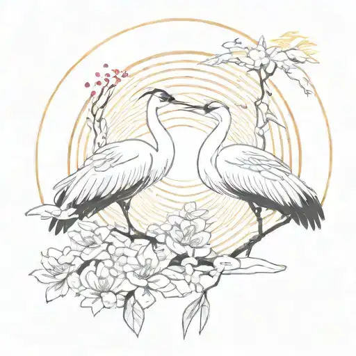 Two Red-crowned Cranes Fly In The Haze Around The Sun With Sakura Flowers