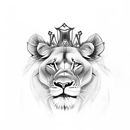 Lioness Queen With A Crown And With Blue Eyes And Roses Around