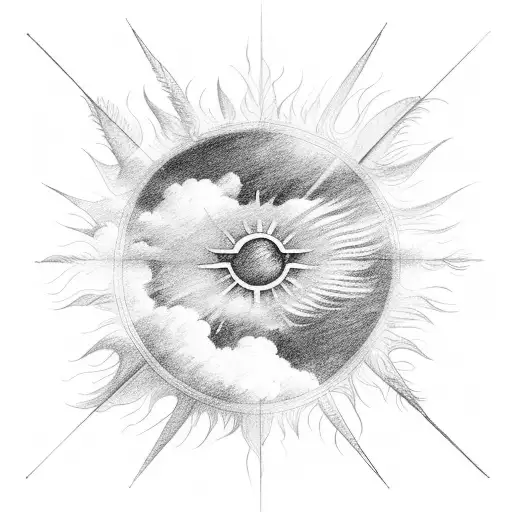 Clouds With Sun Rays And Feathers Coming Down In Each Side