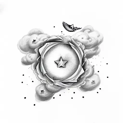 Clouds With Stars And Two Doves And A Rose