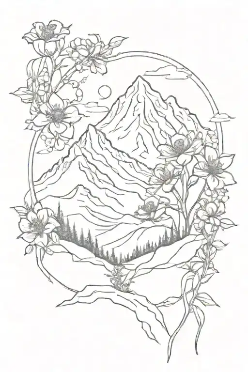 Mountain Silhouette With Flowers Intertwined
