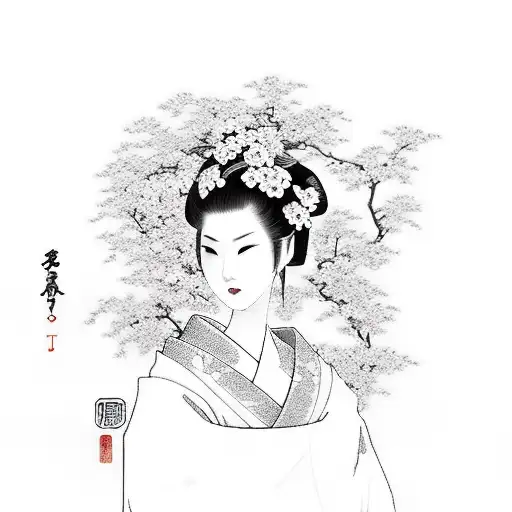 A Hauntingly Beautiful Japanese Geisha Surrounded By Blooming Black Roses