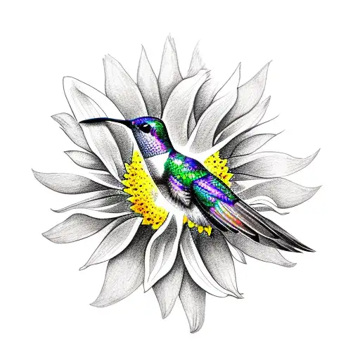 A Sketch-style Tattoo Of A Hummingbird Hovering Over A Vibrant Sunflower