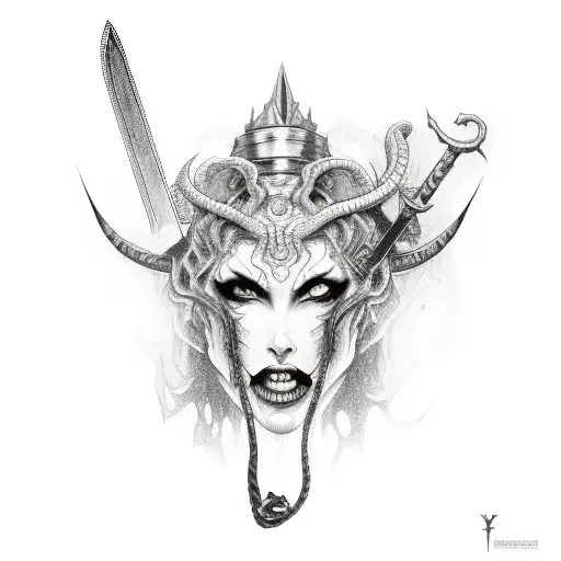 Demoness Head With A Sword Infront And 2 Snakes Wrapping The Sword