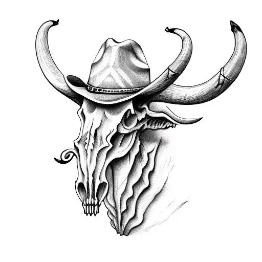 Longhorn Skull With Cowboy Hat Hanging From Horn
