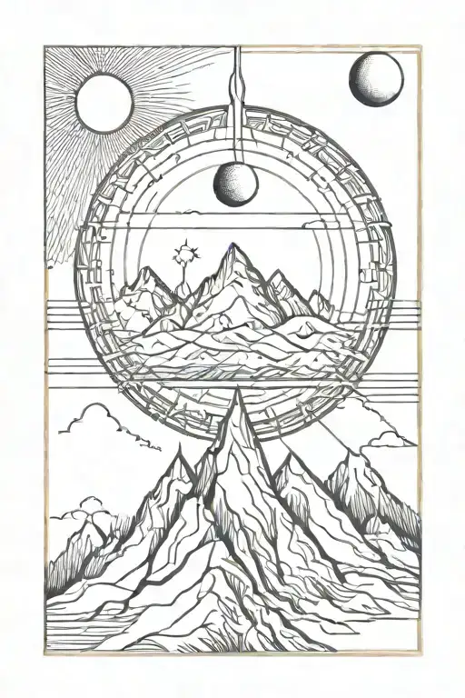 Single Mountain And Moon Surrounded By Straight Vertical Lines