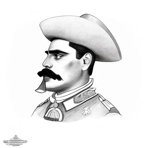 A Sketch-style Portrait Of Emiliano Zapata Surrounded By Symbols Of Mexican History