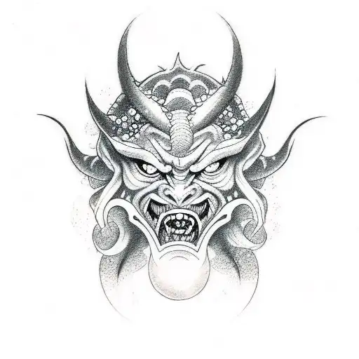 Design A Dotwork Tattoo Featuring A Demon Or Oni With Elements Of Japanese Art