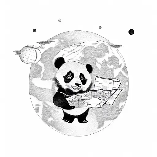 A Sketch-style Tattoo Of A Panda Holding A Map With Various Travel Destinations Marked As Planets