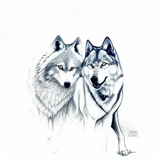 One White Wolf And One Black Wolf Smilling Happy Together Beautiful