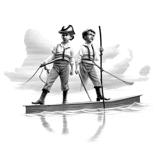Two Boys Like Tom Sawyer Sailing A Flat Raft With A Pirate Flag At The Top