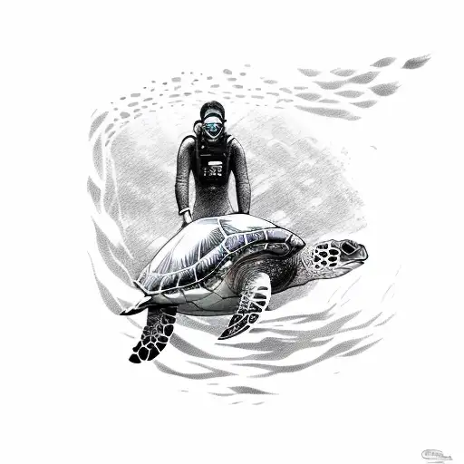 A Detailed Sketch Of A Free Diver Gracefully Swimming Alongside A Giant Sea Turtle