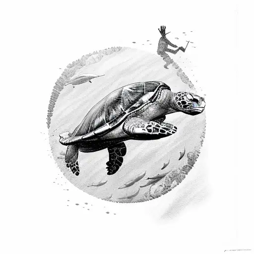A Detailed Sketch Of A Free Diver Gracefully Swimming Alongside A Giant Sea Turtle