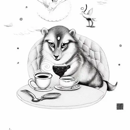 A Whimsical Coffee Shop Scene With Animals Serving Coffee And Cherubs Reading Books