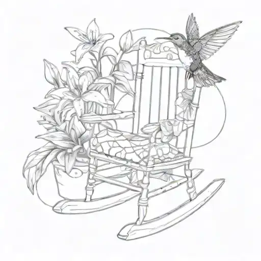 Rocking Chair With A Quilt Over It And A Lily Flower With A Hummingbird