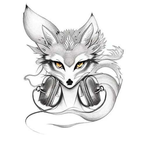 A Fashion Model Wearing Headphones With A 9-Tailed Fox Goddess Tattooed On Her Arm