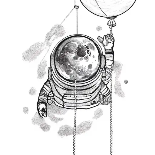 Astronaut From The Waist With A Rope Hanging Below From A Full Moon Shaped Baloon