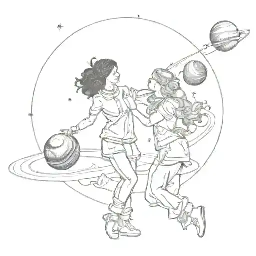 Mother And Daughter Dancing In Space With Planets