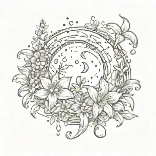Moon With Daisy And Lilly And Crystals With Mushrooms