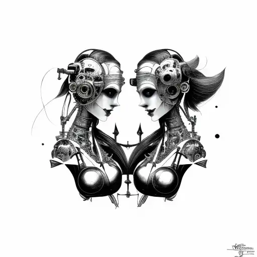 Goth Cyborg Gemini Sisters Conjoined Facing Each Other