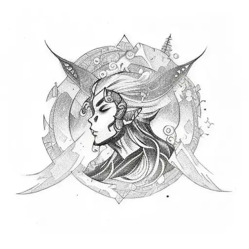 A Blackwork Tattoo Featuring A Mystical Rpg Character Surrounded By Elements Of Nature And Music