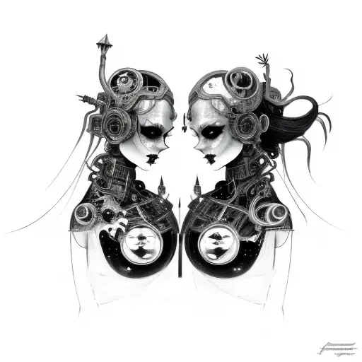 Goth Cyborg Gemini Sisters Conjoined Facing Each Other