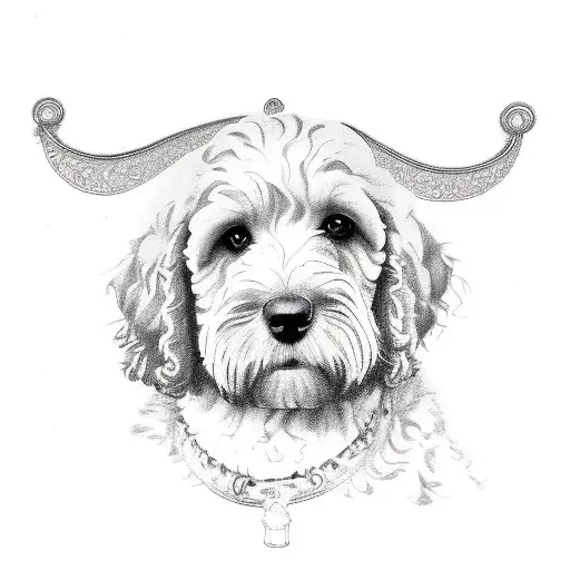 Outline Of Surrey England With The Outline On A Labradoodle Mini Laying Down Layered Over It