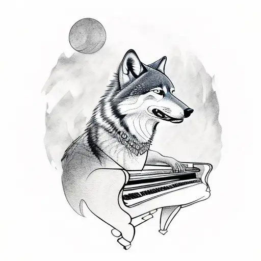 A Tattoo Design Featuring A Wolf Playing The Piano In A Red-themed Composition